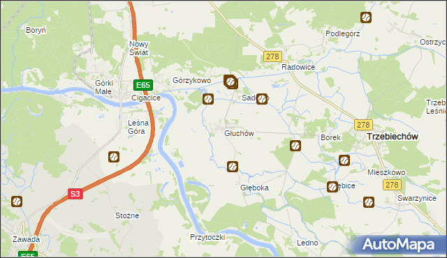 mapa Głuchów gmina Trzebiechów, Głuchów gmina Trzebiechów na mapie Targeo