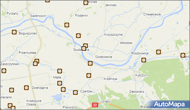 mapa Gostkowice gmina Bogdaniec, Gostkowice gmina Bogdaniec na mapie Targeo