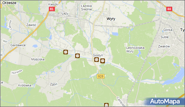 mapa Gostyń gmina Wyry, Gostyń gmina Wyry na mapie Targeo