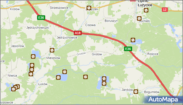 mapa Grotów gmina Lipinki Łużyckie, Grotów gmina Lipinki Łużyckie na mapie Targeo