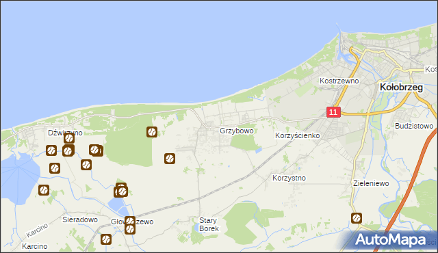 mapa Grzybowo gmina Kołobrzeg, Grzybowo gmina Kołobrzeg na mapie Targeo