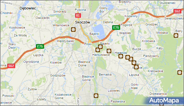 mapa Harbutowice gmina Skoczów, Harbutowice gmina Skoczów na mapie Targeo