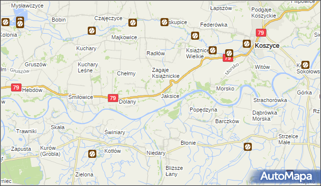 mapa Jaksice gmina Koszyce, Jaksice gmina Koszyce na mapie Targeo