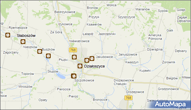 mapa Jakubowice gmina Działoszyce, Jakubowice gmina Działoszyce na mapie Targeo