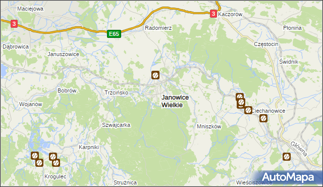 mapa Janowice Wielkie, Janowice Wielkie na mapie Targeo