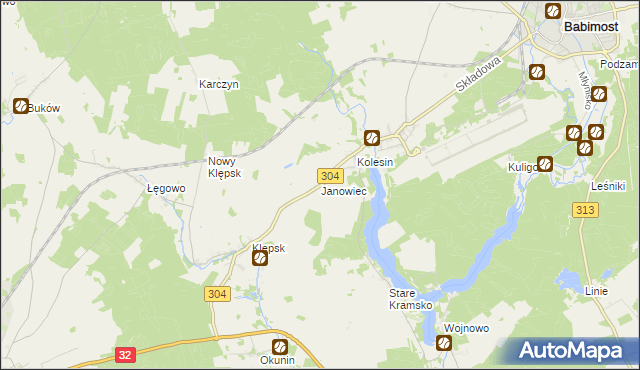 mapa Janowiec gmina Babimost, Janowiec gmina Babimost na mapie Targeo