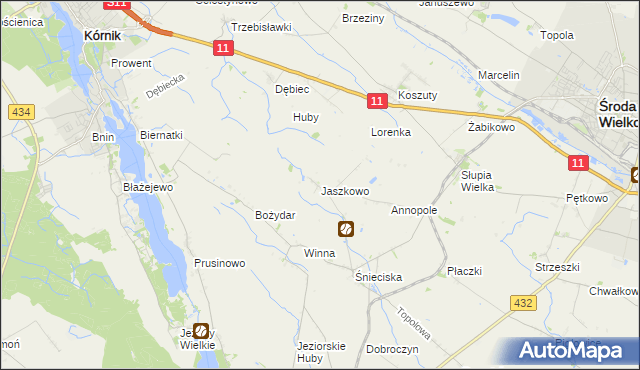 mapa Jaszkowo gmina Zaniemyśl, Jaszkowo gmina Zaniemyśl na mapie Targeo