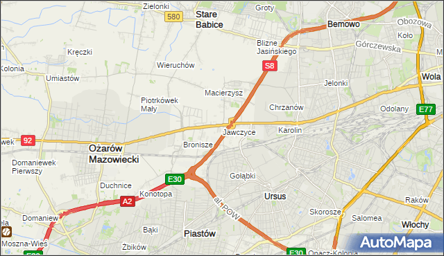 mapa Jawczyce gmina Ożarów Mazowiecki, Jawczyce gmina Ożarów Mazowiecki na mapie Targeo