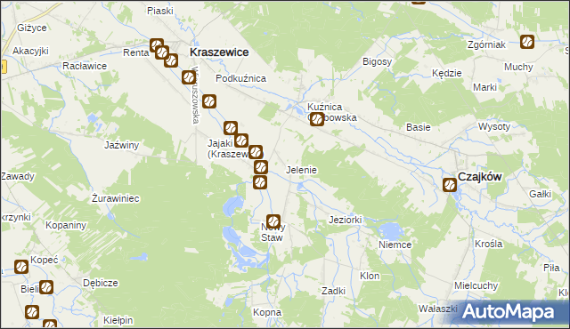 mapa Jelenie gmina Kraszewice, Jelenie gmina Kraszewice na mapie Targeo