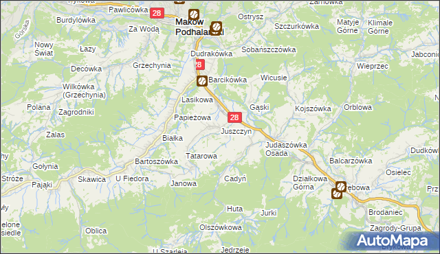 mapa Juszczyn gmina Maków Podhalański, Juszczyn gmina Maków Podhalański na mapie Targeo