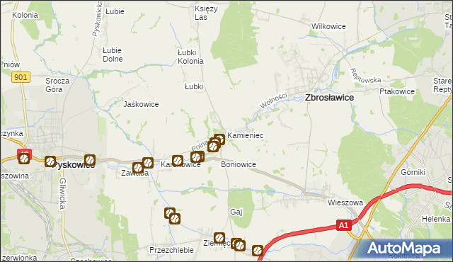 mapa Kamieniec gmina Zbrosławice, Kamieniec gmina Zbrosławice na mapie Targeo