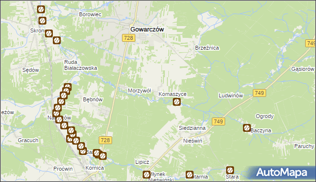 mapa Komaszyce gmina Gowarczów, Komaszyce gmina Gowarczów na mapie Targeo