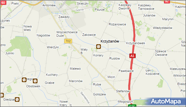 mapa Konary gmina Krzyżanów, Konary gmina Krzyżanów na mapie Targeo