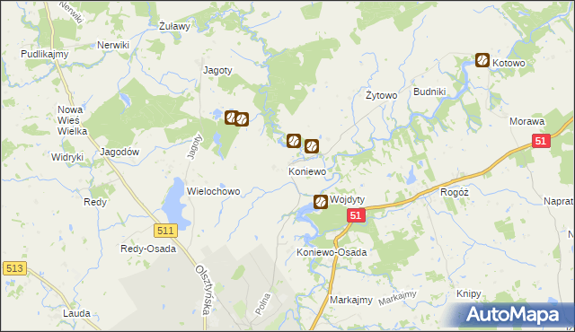 mapa Koniewo gmina Lidzbark Warmiński, Koniewo gmina Lidzbark Warmiński na mapie Targeo