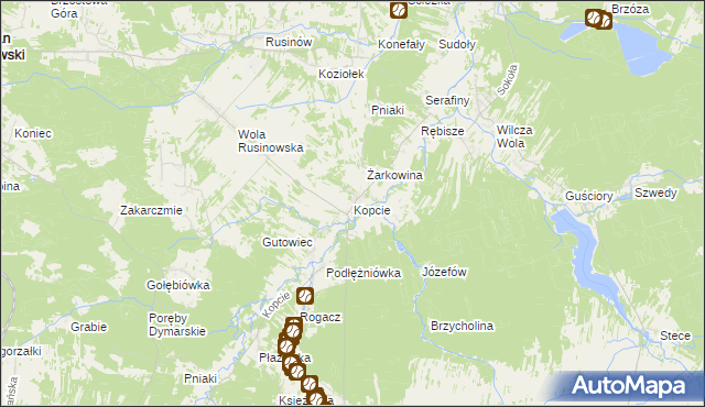 mapa Kopcie gmina Dzikowiec, Kopcie gmina Dzikowiec na mapie Targeo