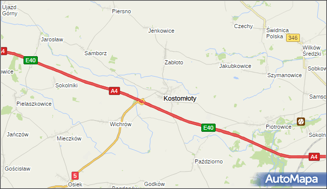 mapa Kostomłoty powiat średzki, Kostomłoty powiat średzki na mapie Targeo