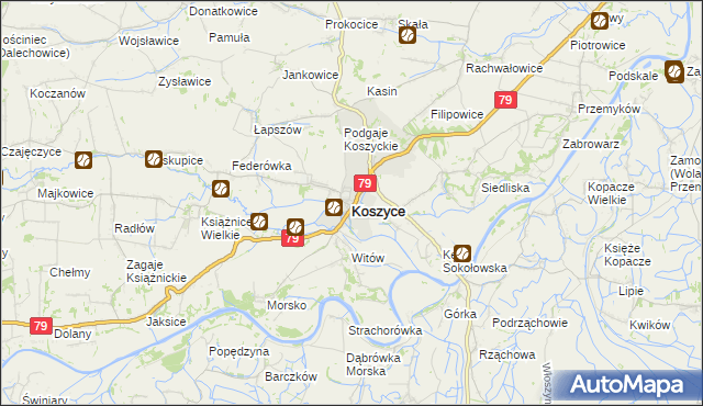 mapa Koszyce powiat proszowicki, Koszyce powiat proszowicki na mapie Targeo