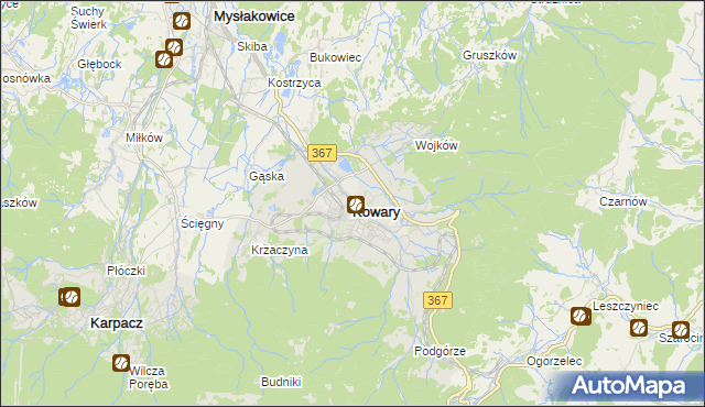 mapa Kowary powiat jeleniogórski, Kowary powiat jeleniogórski na mapie Targeo