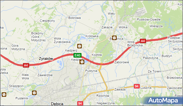 mapa Kozłów gmina Dębica, Kozłów gmina Dębica na mapie Targeo