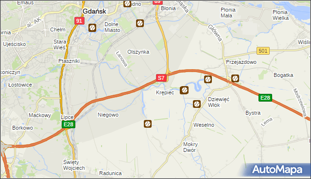 mapa Krępiec gmina Pruszcz Gdański, Krępiec gmina Pruszcz Gdański na mapie Targeo