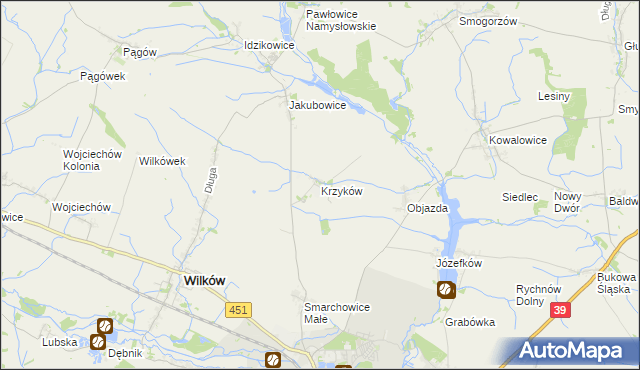 mapa Krzyków gmina Wilków, Krzyków gmina Wilków na mapie Targeo