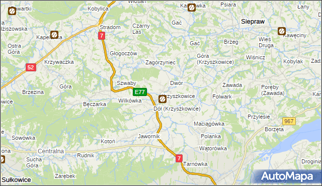 mapa Krzyszkowice gmina Myślenice, Krzyszkowice gmina Myślenice na mapie Targeo