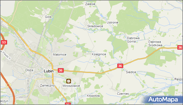 mapa Księginice gmina Lubin, Księginice gmina Lubin na mapie Targeo