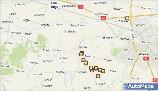 mapa Kurów gmina Wieluń, Kurów gmina Wieluń na mapie Targeo