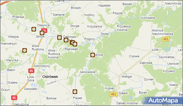 mapa Kuźnica gmina Ostrówek, Kuźnica gmina Ostrówek na mapie Targeo