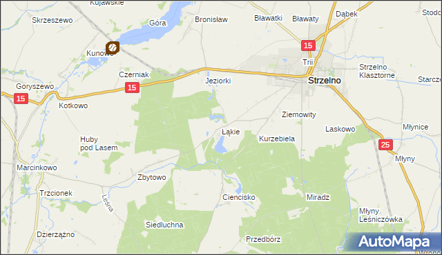 mapa Łąkie gmina Strzelno, Łąkie gmina Strzelno na mapie Targeo