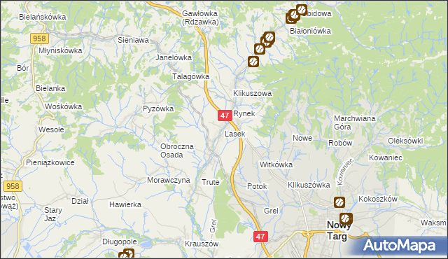 mapa Lasek gmina Nowy Targ, Lasek gmina Nowy Targ na mapie Targeo