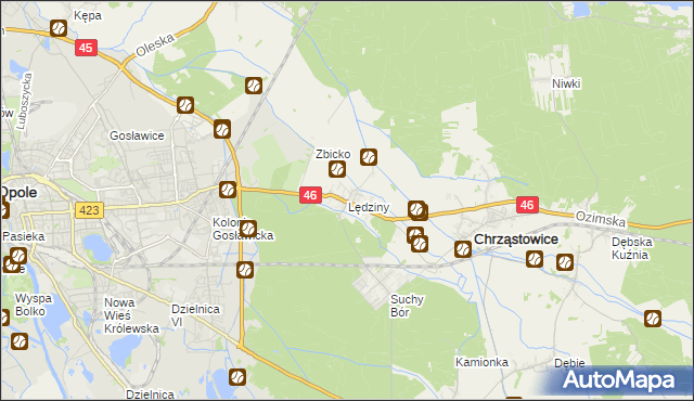 mapa Lędziny gmina Chrząstowice, Lędziny gmina Chrząstowice na mapie Targeo