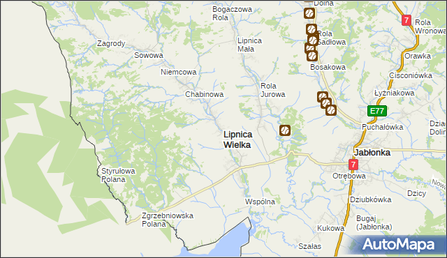 mapa Lipnica Wielka powiat nowotarski, Lipnica Wielka powiat nowotarski na mapie Targeo