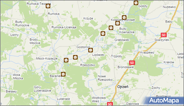 mapa Lipówiec gmina Ojrzeń, Lipówiec gmina Ojrzeń na mapie Targeo