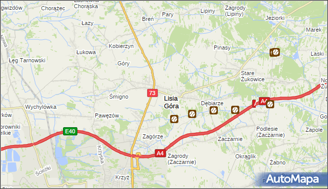 mapa Lisia Góra powiat tarnowski, Lisia Góra powiat tarnowski na mapie Targeo