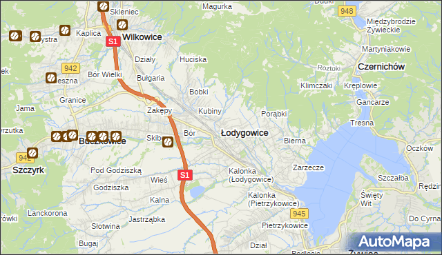 mapa Łodygowice powiat żywiecki, Łodygowice powiat żywiecki na mapie Targeo