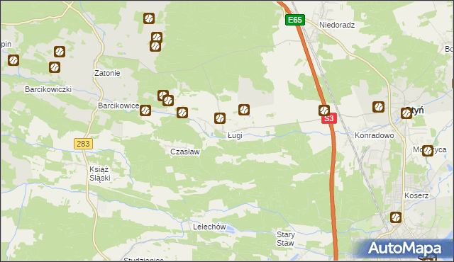 mapa Ługi gmina Otyń, Ługi gmina Otyń na mapie Targeo