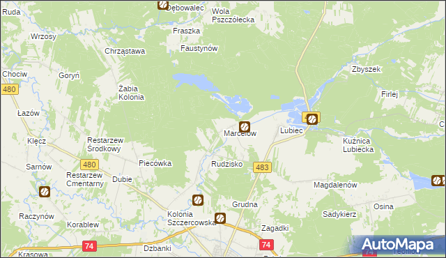 mapa Marcelów gmina Szczerców, Marcelów gmina Szczerców na mapie Targeo