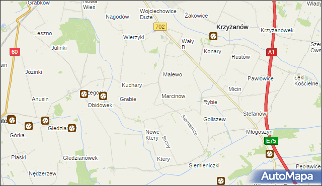 mapa Marcinów gmina Krzyżanów, Marcinów gmina Krzyżanów na mapie Targeo