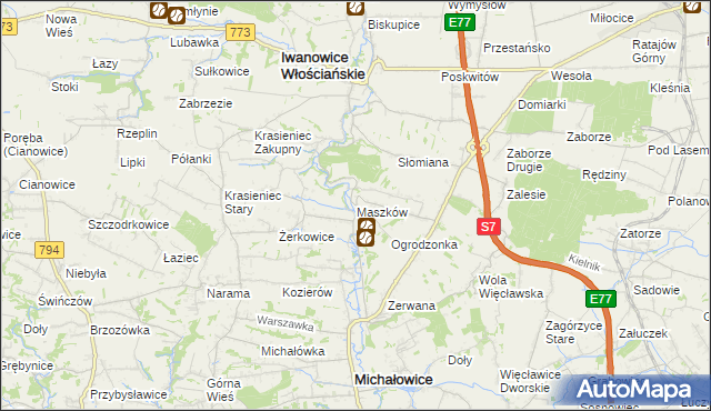 mapa Maszków gmina Iwanowice, Maszków gmina Iwanowice na mapie Targeo