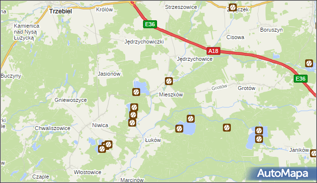 mapa Mieszków gmina Trzebiel, Mieszków gmina Trzebiel na mapie Targeo