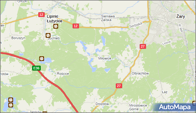 mapa Miłowice gmina Żary, Miłowice gmina Żary na mapie Targeo