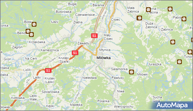 mapa Milówka powiat żywiecki, Milówka powiat żywiecki na mapie Targeo