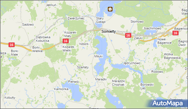 mapa Miłuki gmina Sorkwity, Miłuki gmina Sorkwity na mapie Targeo