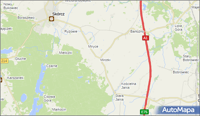 mapa Mirotki gmina Skórcz, Mirotki gmina Skórcz na mapie Targeo