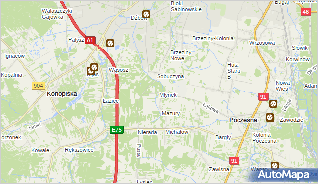 mapa Młynek gmina Poczesna, Młynek gmina Poczesna na mapie Targeo