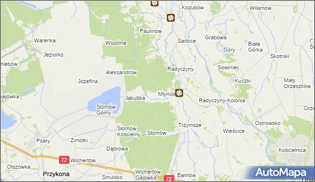 mapa Młyniska gmina Przykona, Młyniska gmina Przykona na mapie Targeo