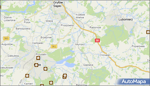 mapa Młyńsko gmina Gryfów Śląski, Młyńsko gmina Gryfów Śląski na mapie Targeo