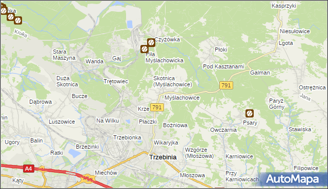 mapa Myślachowice, Myślachowice na mapie Targeo