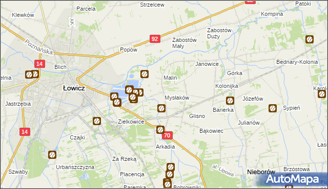 mapa Mysłaków gmina Nieborów, Mysłaków gmina Nieborów na mapie Targeo